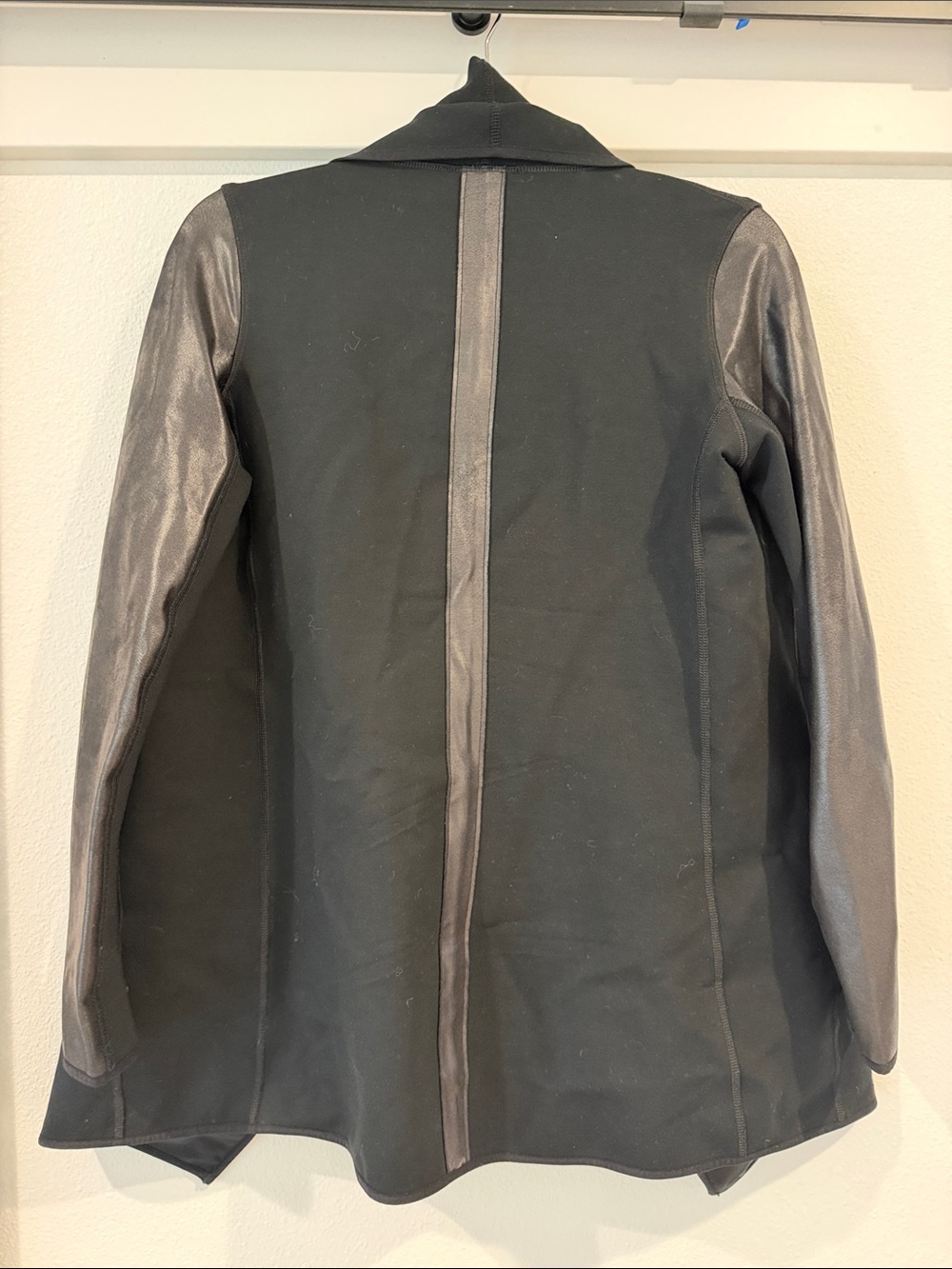 SPANX Black Draped Open-Front Jacket with Faux Leather Sleeves - Picture 3 of 9
